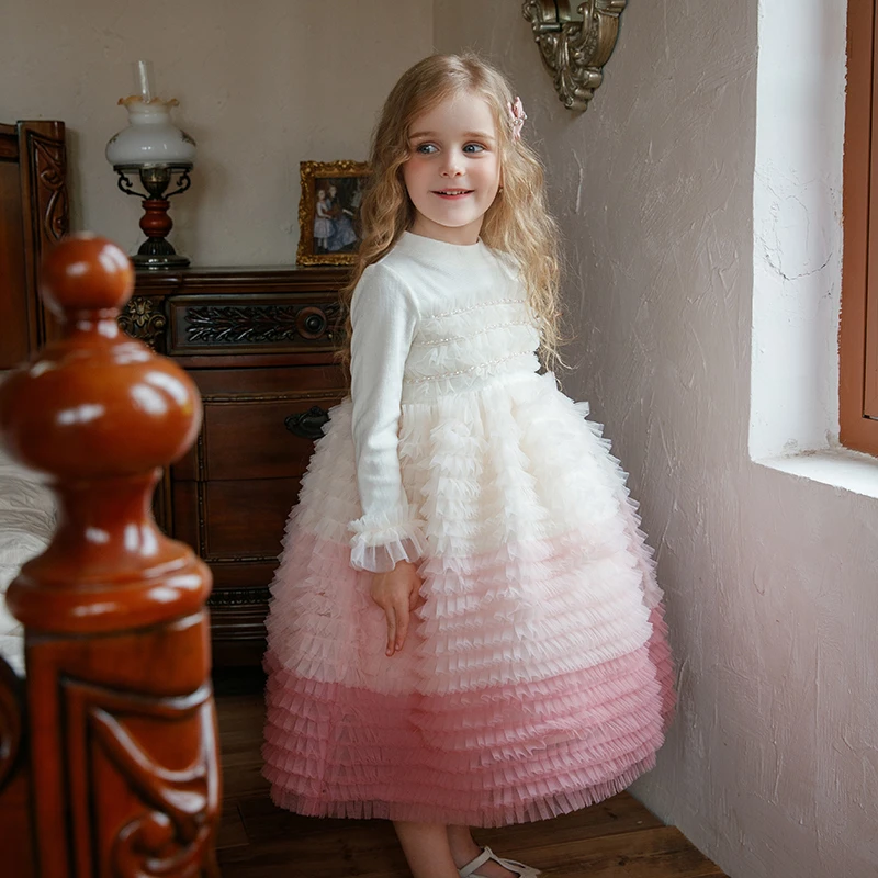 女童蛋糕连衣裙 2024秋装新品儿童女孩长袖秋款洋气粉色公主裙子
