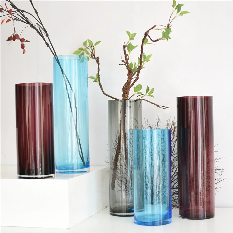 外贸人工吹制彩色直筒艺术富贵竹花瓶玻璃本色欧式美式家居装饰品