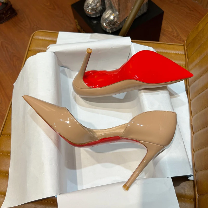 时尚职业红底侧空浅口高跟鞋女网红性感百搭尖头细跟单鞋