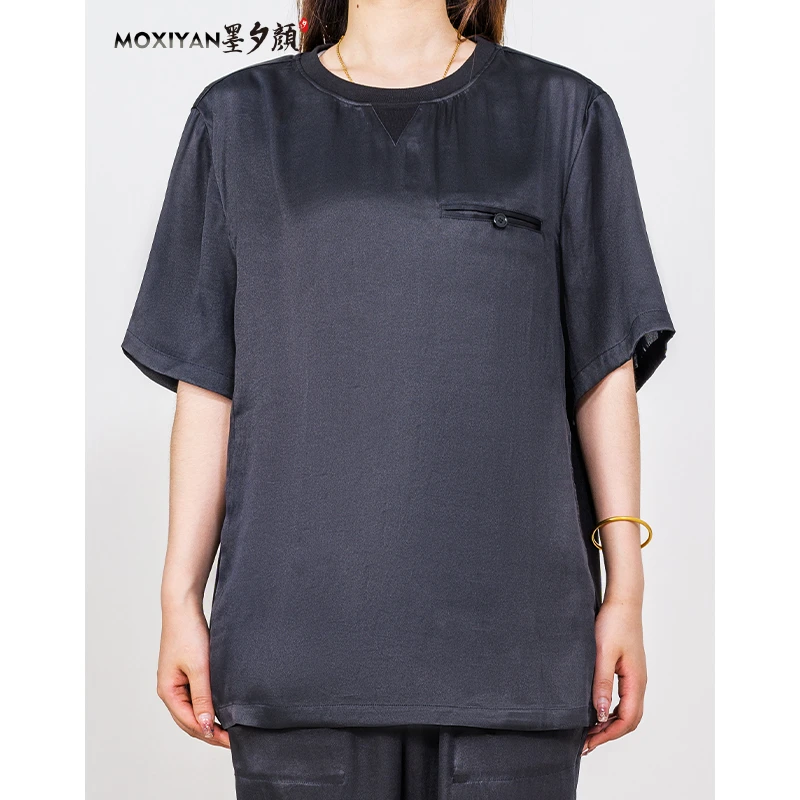 【墨夕颜】2024新款桑蚕丝香云纱男装国风 弹力缎圆领短袖-LC-125