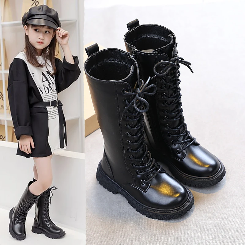 女童马丁靴单靴儿童长靴加绒2023秋冬棉靴黑色学生学院风休闲皮靴
