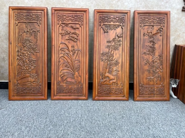 东阳木雕 100*40 梅兰竹菊 香樟木 实木 雕刻挂件（浮雕）
