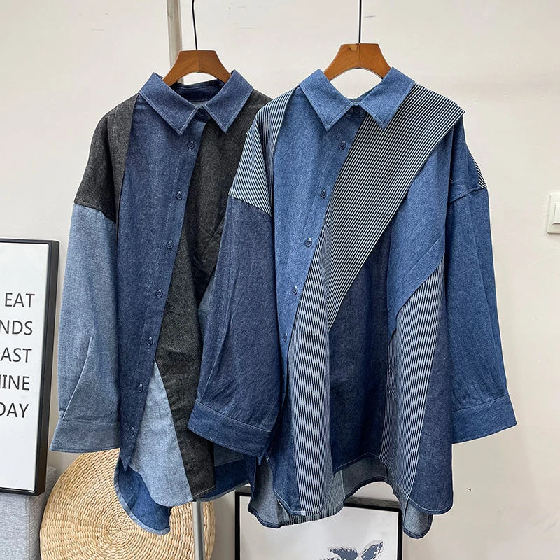 个性设计感拼接不对称牛仔衬衫微胖女生新款宽松牛仔衬衣  c5316