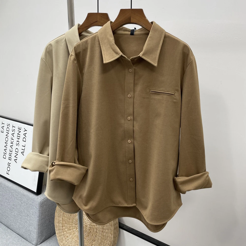 精品系列 定制仿羊绒简约宽松中长款衬衫女长袖衬衣C6061