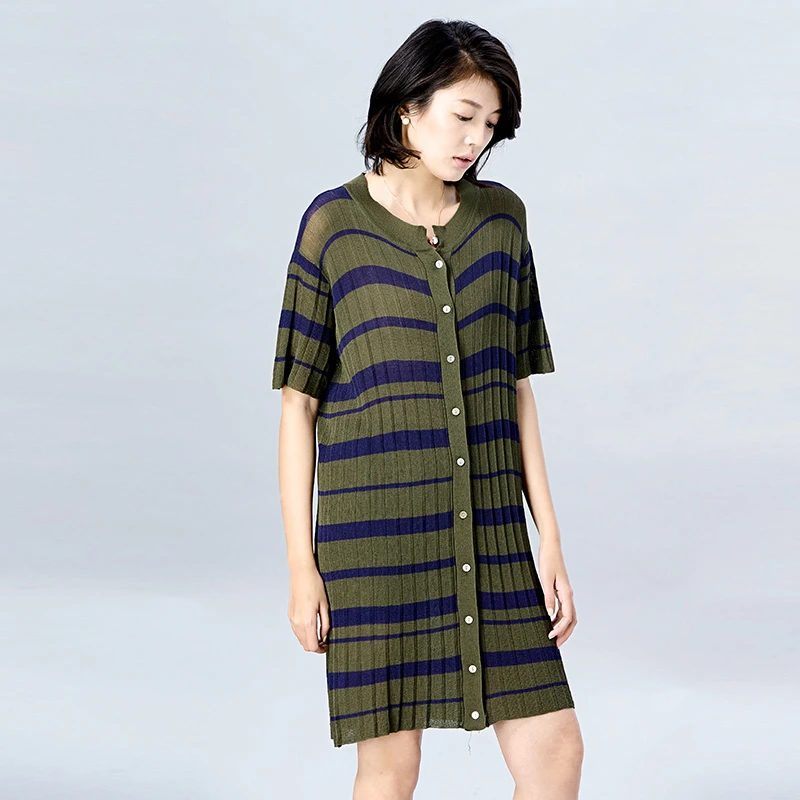 条纹风琴褶坑调衬衫针织连衣裙夏季新款  c4234