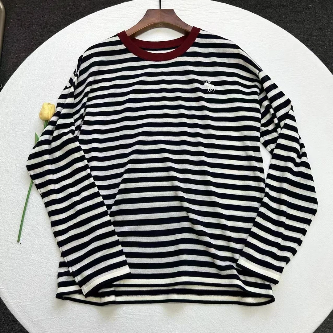 羊毛 条纹长袖针织衫舒适圆领套头打底羊毛衫秋冬毛衣C6063