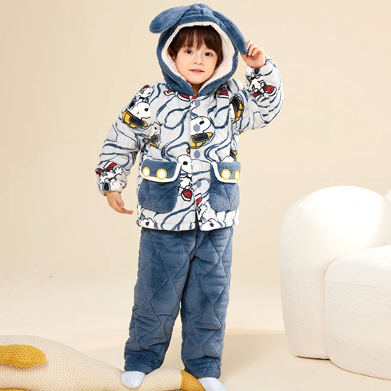 冬季男童三层夹棉加厚蓄热保暖冬天男孩卡通加绒棉服睡衣套装
