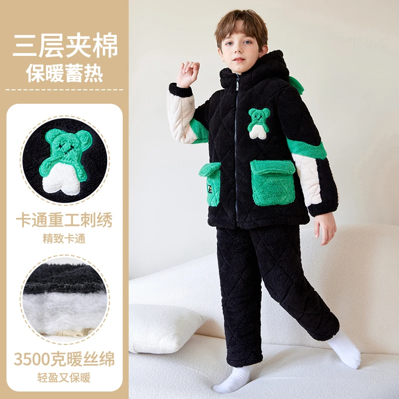 新款儿童睡衣冬季夹棉法兰绒加绒加厚男孩中大童男童保暖家居服