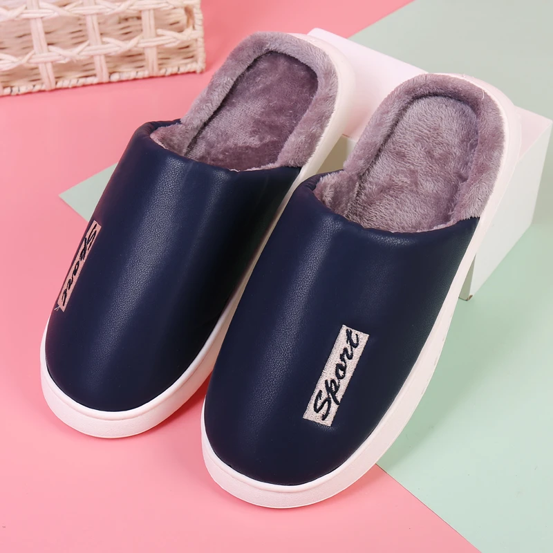 冬季特大码46棉拖鞋男PU皮拖鞋防水厚底48家居室内防滑50保暖鞋潮