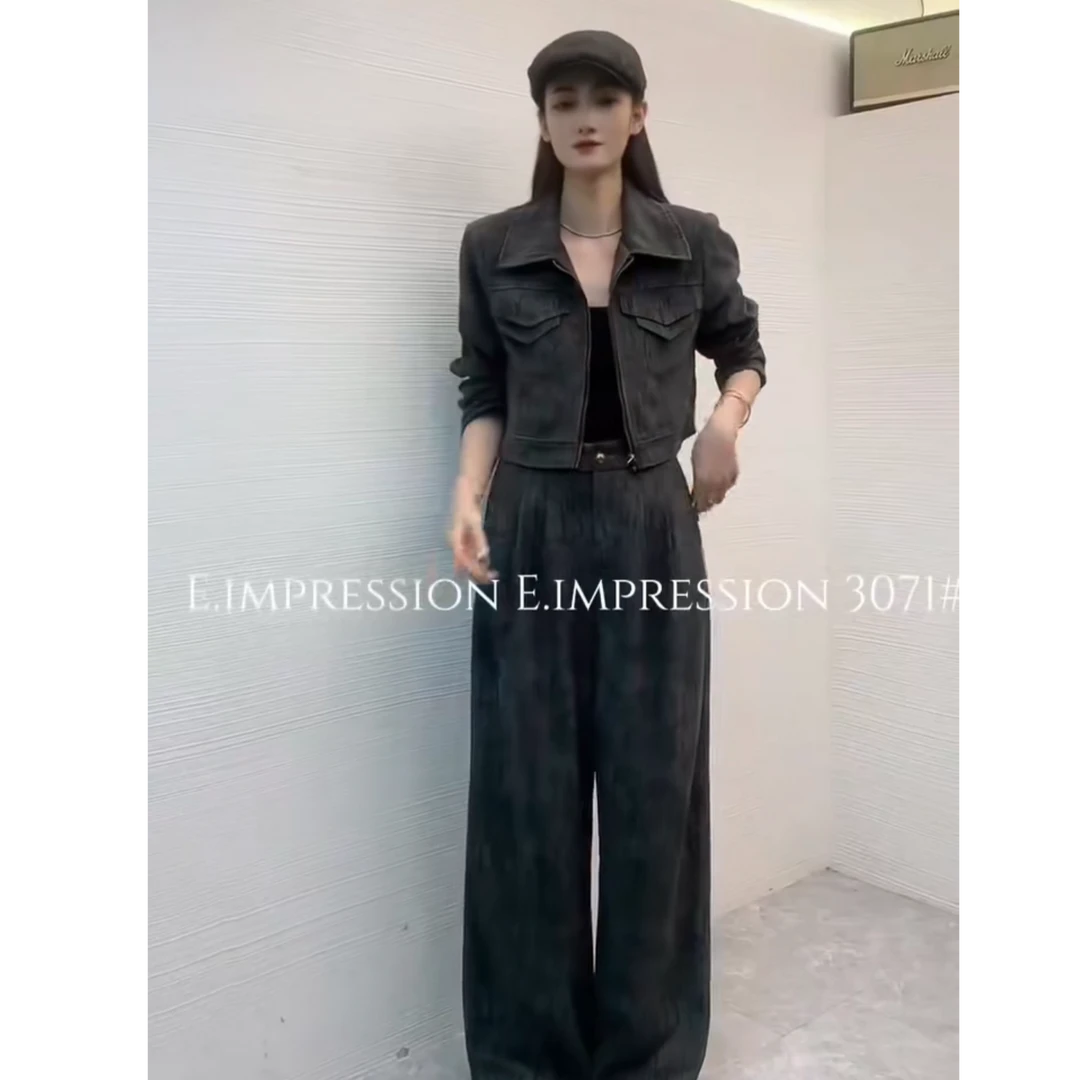 3071#新款设计款短外套显瘦阔腿裤套装两件套