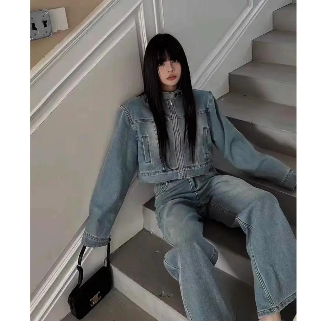 唯依家秋季新款牛仔机车风短款外套阔腿长裤套装两件套