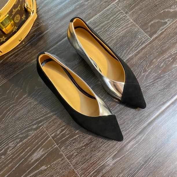 2024年拼色气质新款尖头单鞋时尚韩版浅口真皮高跟女鞋