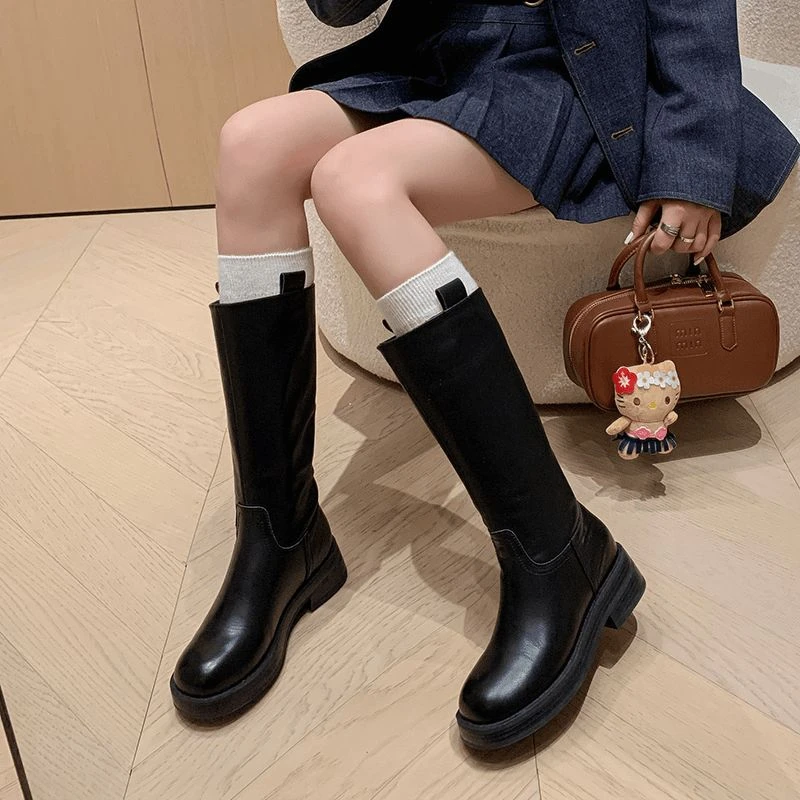 真皮2024新款法式复古小腿靴圆头平底小个子中筒骑士靴半靴女春秋