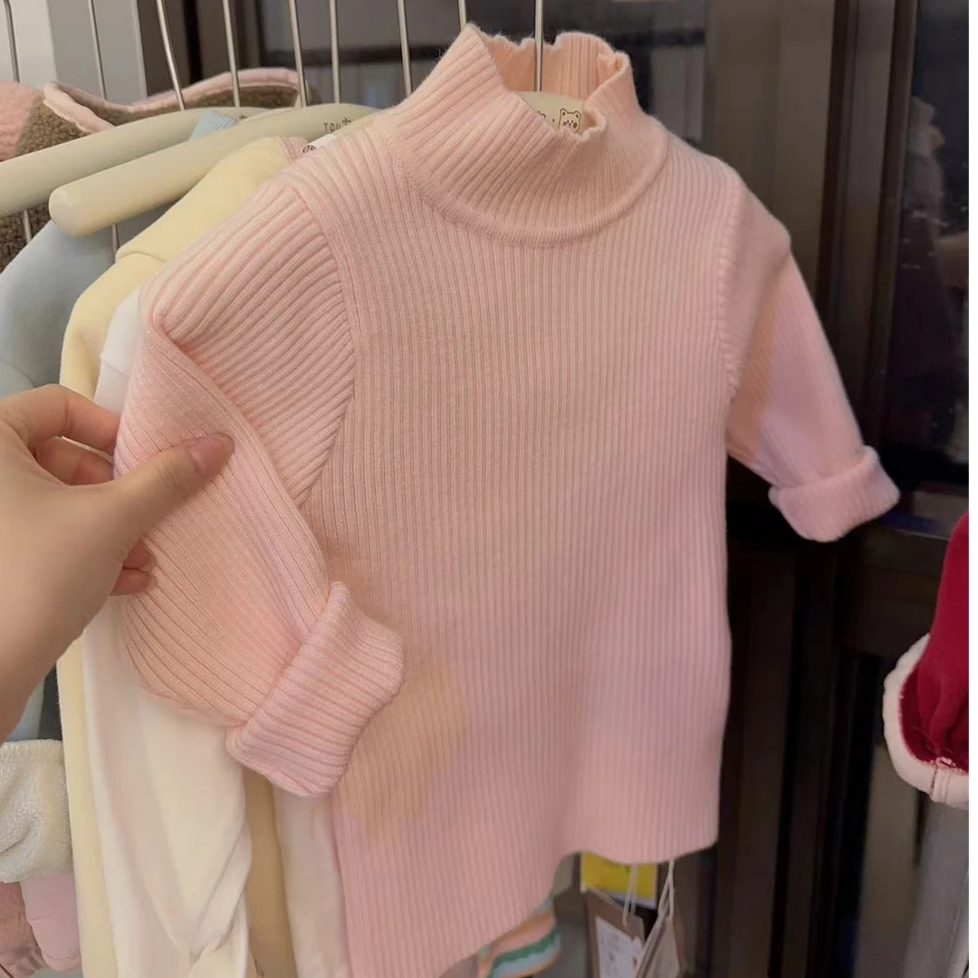 2024韩版洋气女宝高领毛衣秋冬款针织毛衣女童纯色针织衫儿童
