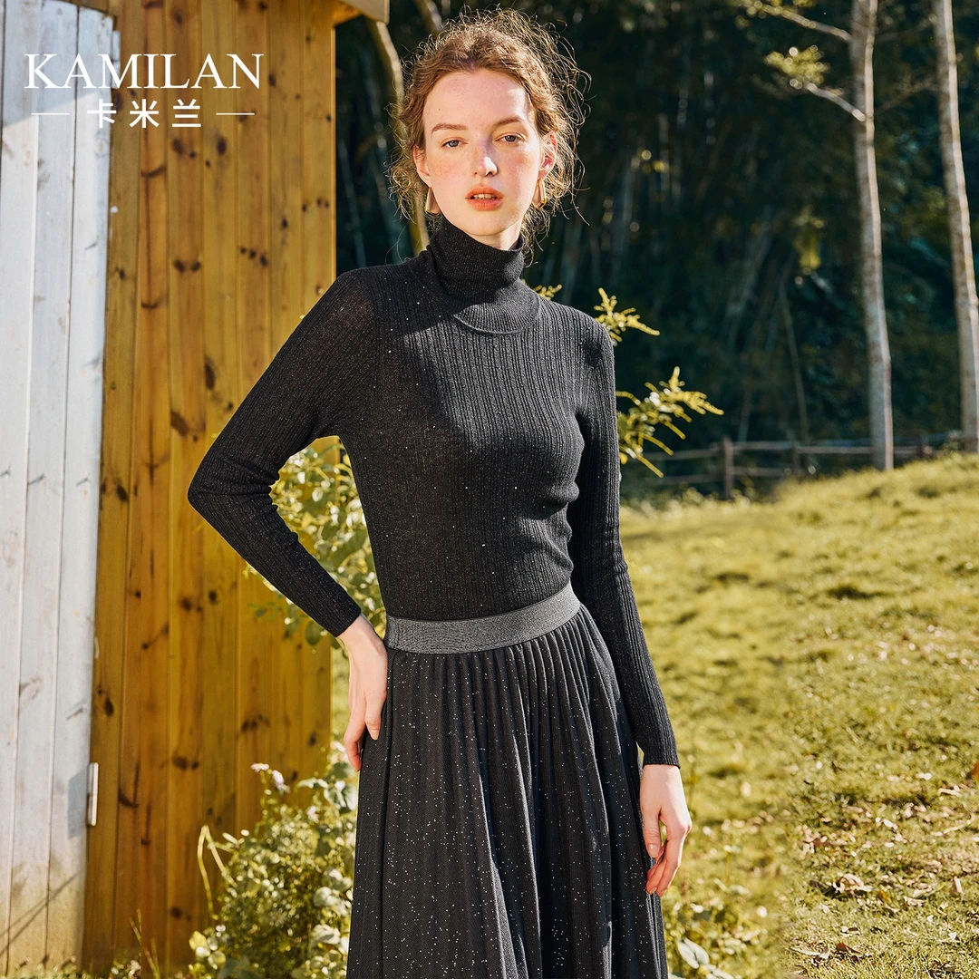 卡米兰高领羊毛衫毛衣女2024秋冬新款时尚修身针织打底衫套头上衣