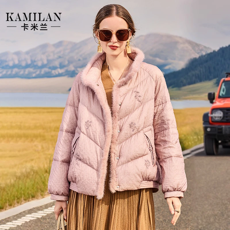 卡米兰新中式水貂毛拼接绣花羽绒服女2023冬季新款白鸭绒羽绒外套
