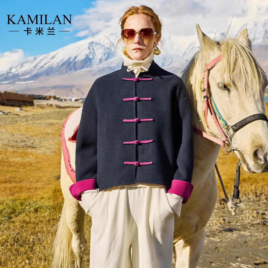 [100羊毛x新中式]卡米兰短款双面羊毛大衣女2024秋新款双面呢外套