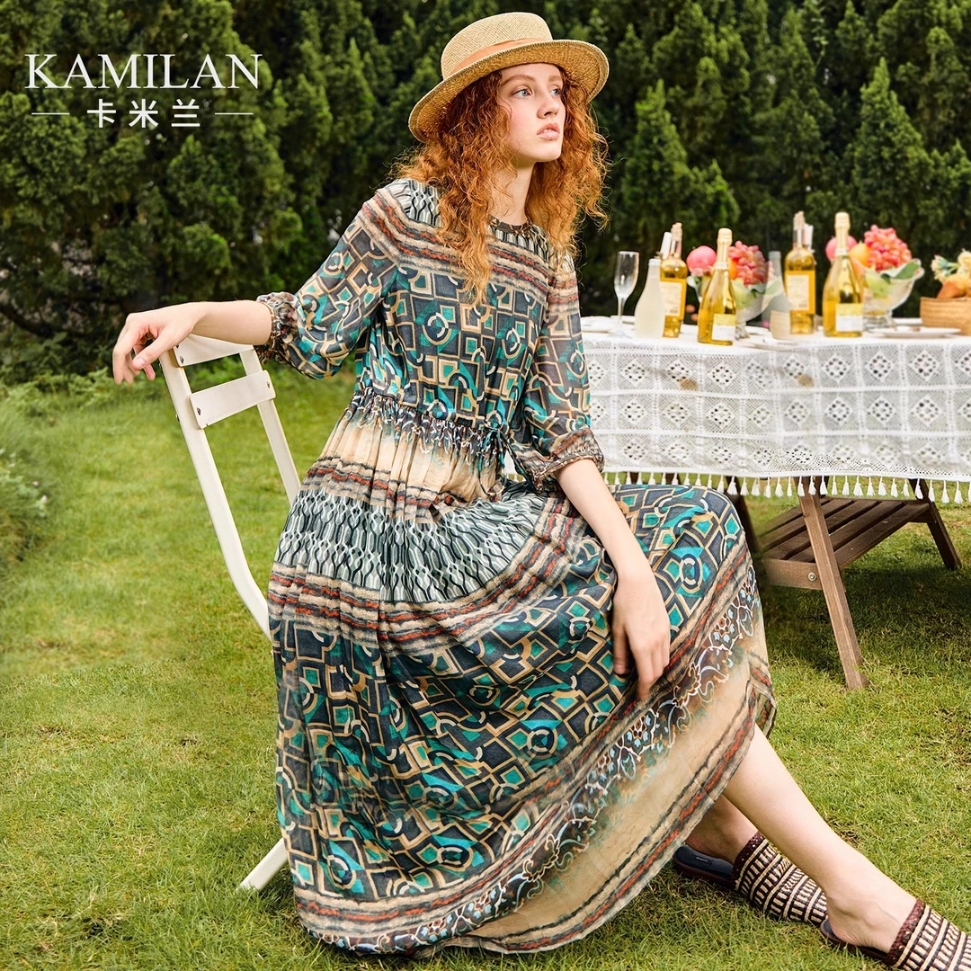 [100桑蚕丝]卡米兰度假真丝连衣裙2024新款女夏季中长款印花A字裙