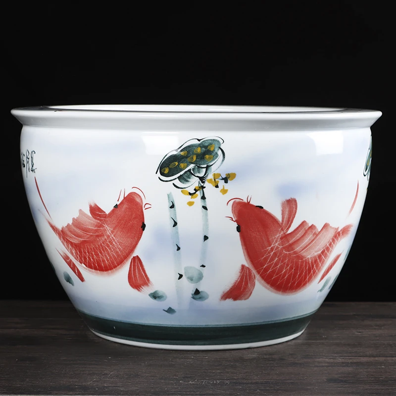 《红鱼平口70*50cm》景德镇陶瓷缸 种树养花养鱼大缸鱼缸中号手绘