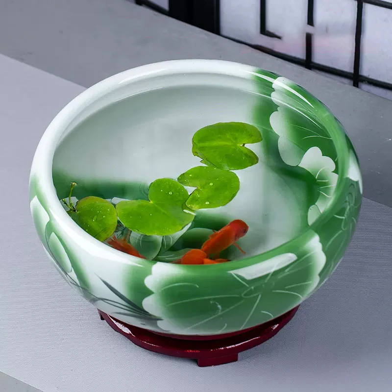 《双面绿荷41*18cm》景德镇高温瓷鱼盆花盆摆件陶瓷纯手绘中式