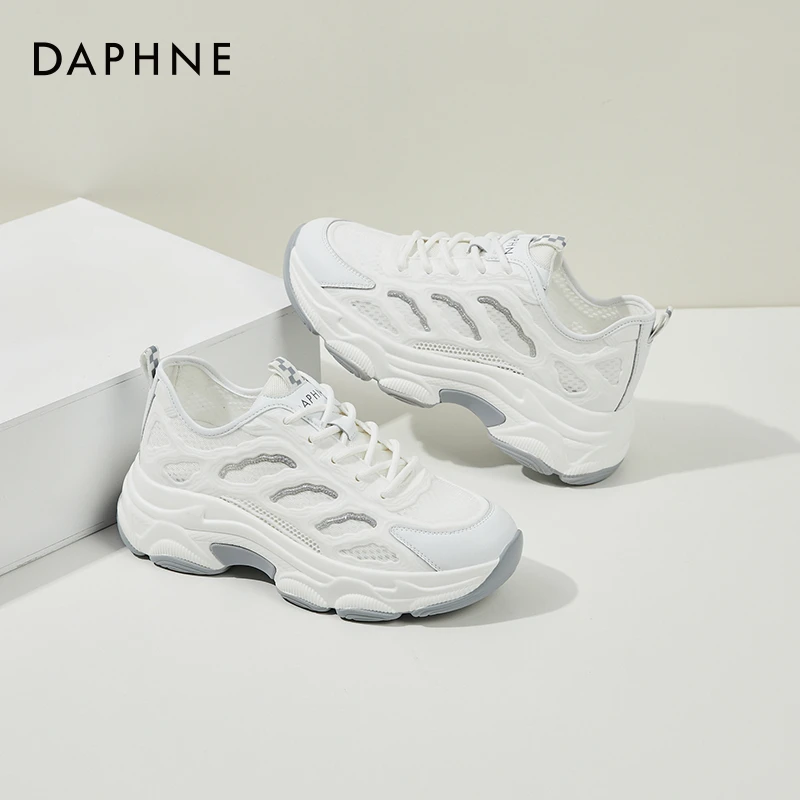 达芙妮网面老爹鞋女秋季薄款透气2024年新款白色运动鞋厚底小白鞋