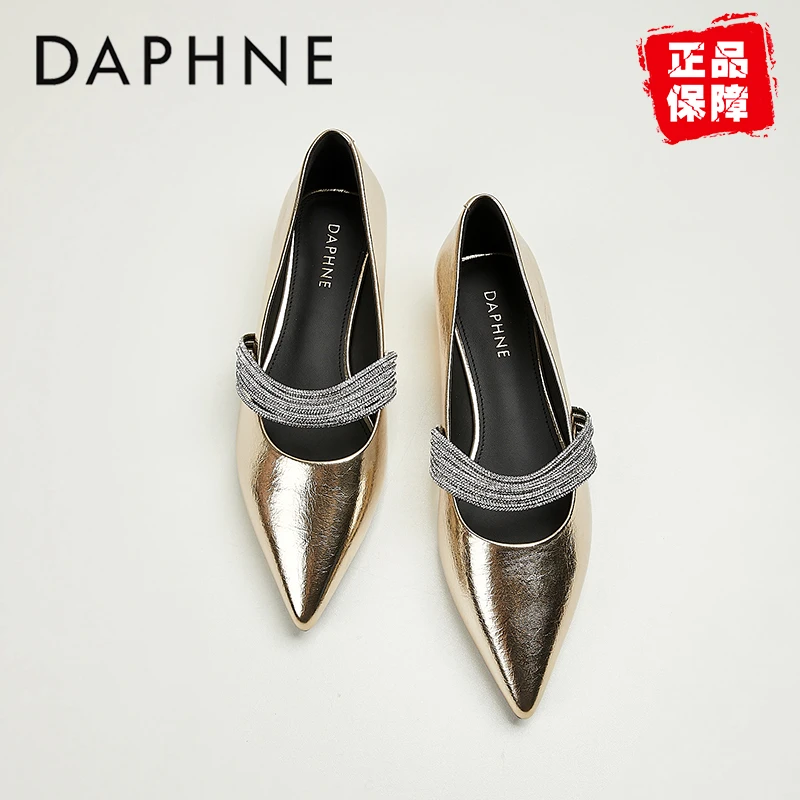 达芙妮金色浅口尖头平底鞋女士2025新款宴会软底玛丽珍鞋妈妈瓢鞋