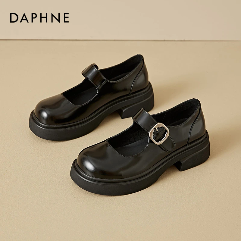 达芙妮高跟玛丽珍鞋小皮鞋女款2024年秋季新款黑色厚底圆头乐福鞋