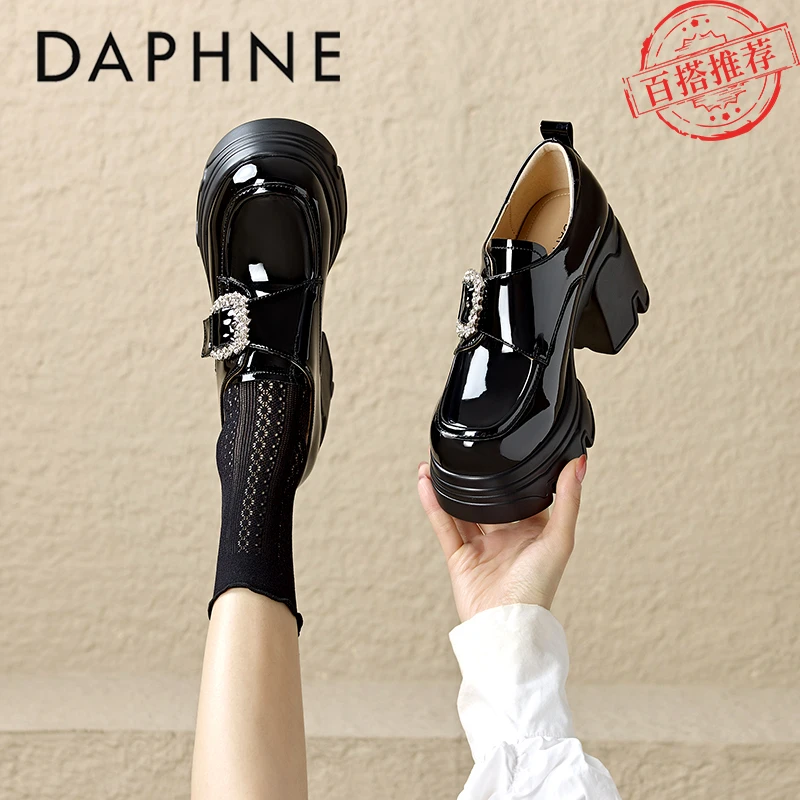达芙妮粗跟高跟鞋女2025年秋季爆款厚底乐福鞋显脚小jk黑色小皮鞋