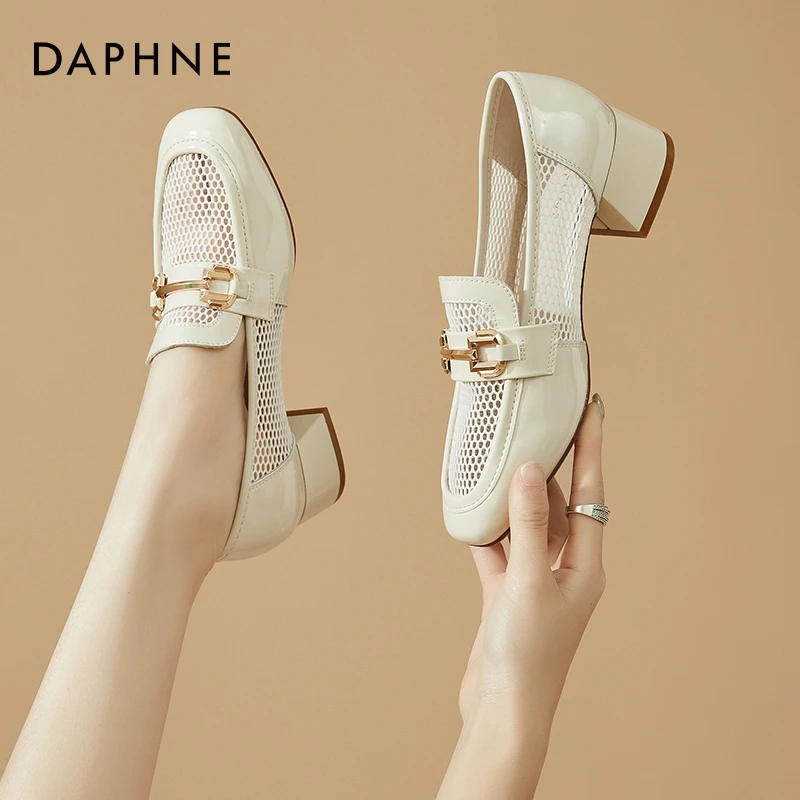 达芙妮网面鞋女秋季透气镂空爆款2024新款中跟单鞋粗跟爆款百搭鞋