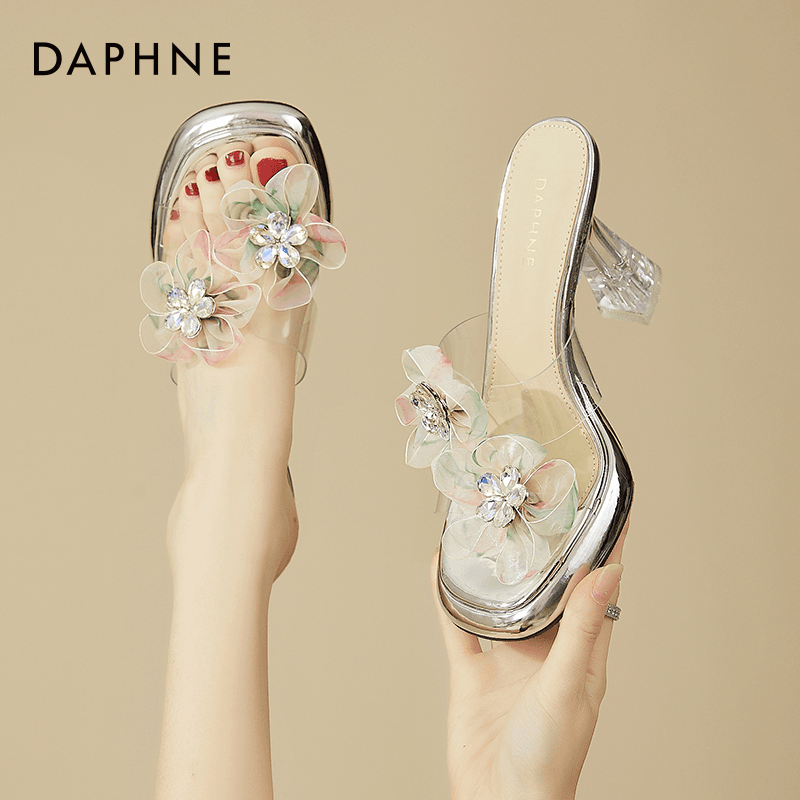 达芙妮花朵透明一字高跟凉鞋女夏季新款外穿气质增高9cm一字拖鞋