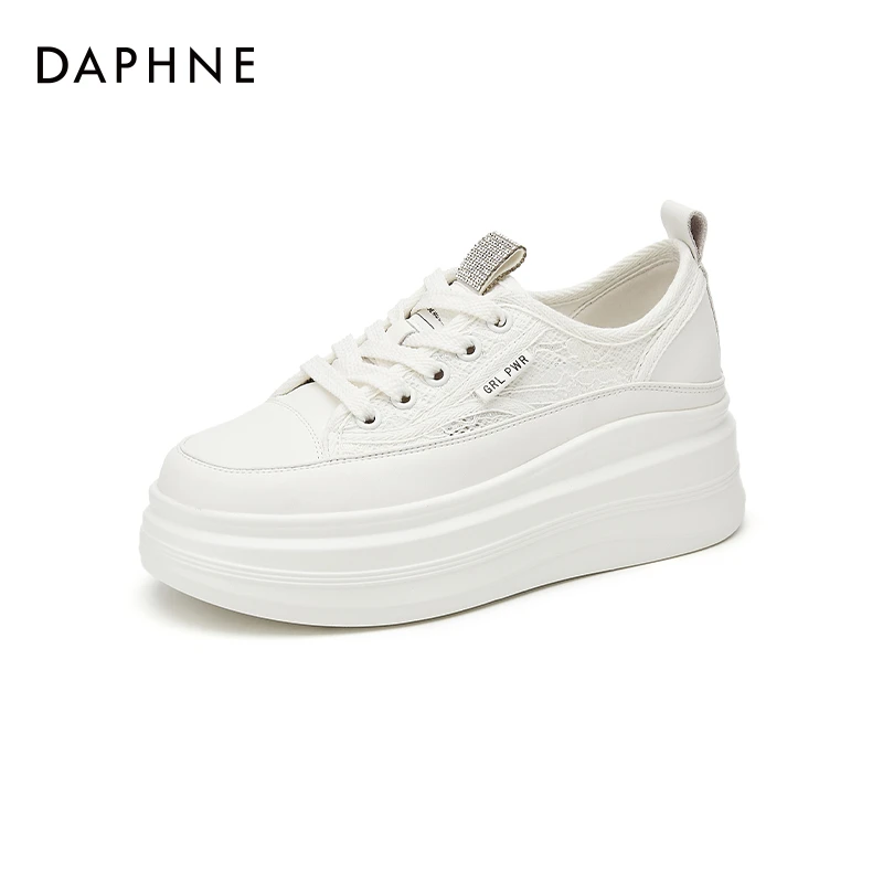 达芙妮秋季新款网面透气内增高厚底松糕小白鞋女款低帮系带休闲鞋