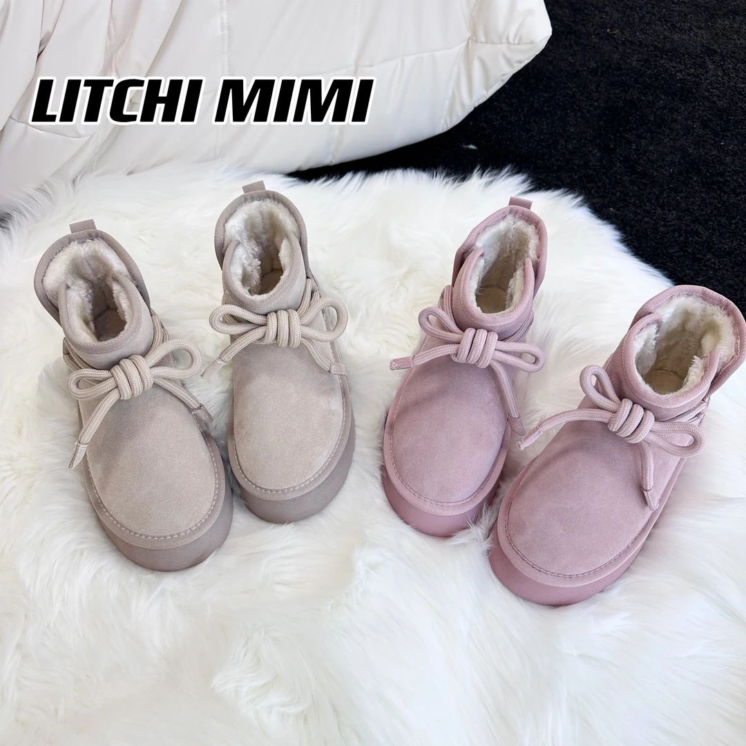 【MIMI】秋冬系带蝴蝶结雪地靴加绒休闲百搭厚底增高短靴保暖大棉靴
