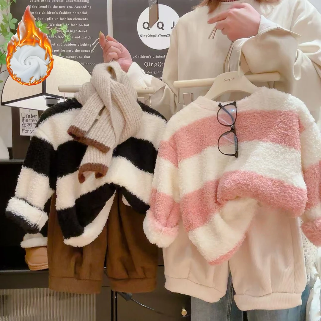 儿童加绒毛毛衣秋冬季新款女童条纹上衣中大童宽松保暖衣女宝打底