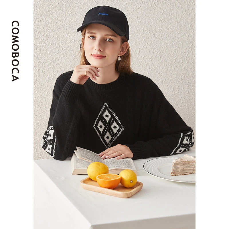 COMOBOCA/科蒙·博卡加厚时尚绞花撞色长袖针织纯羊绒衫女KTP4604