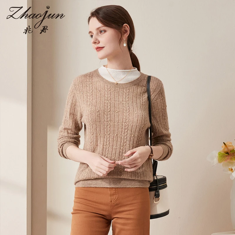 zhaojun/兆君秋冬针织套头圆领撞色假两件纯羊绒衫ZSQ3354