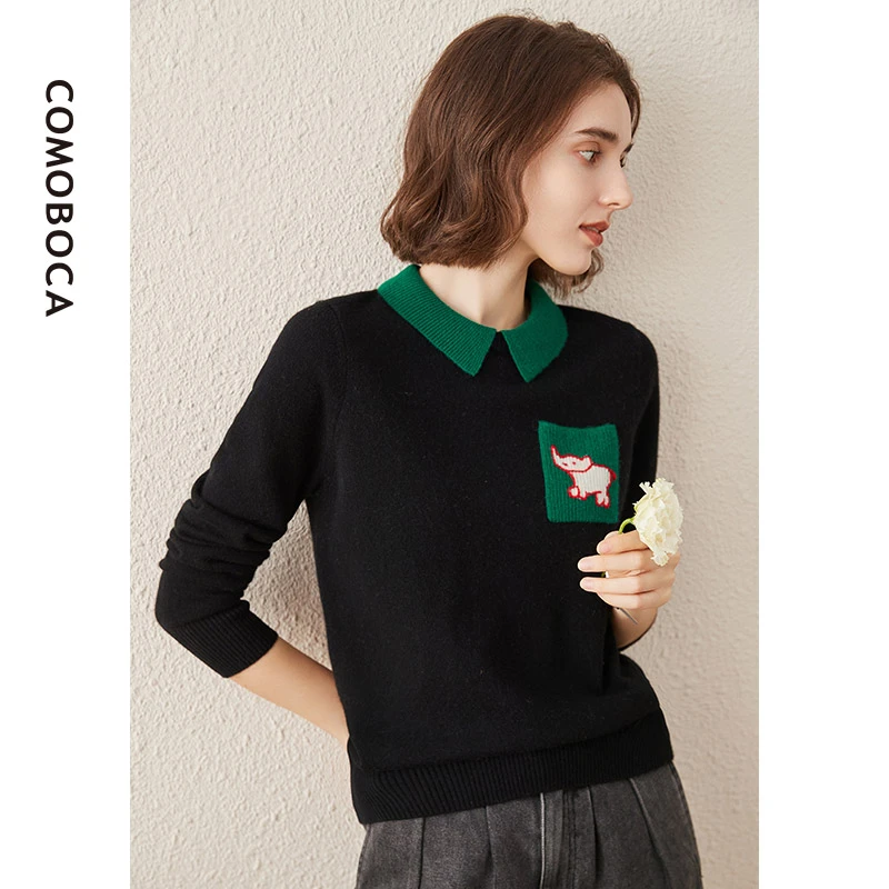 COMOBOCA/科蒙·博卡秋冬翻领套头百搭毛衣女针织纯羊绒衫KSQ1410