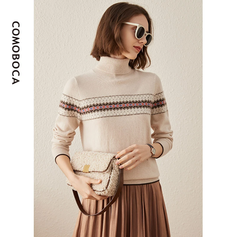 COMOBOCA/科蒙·博卡时尚百搭翻领提花毛衣打底针织羊绒衫KSQ1550