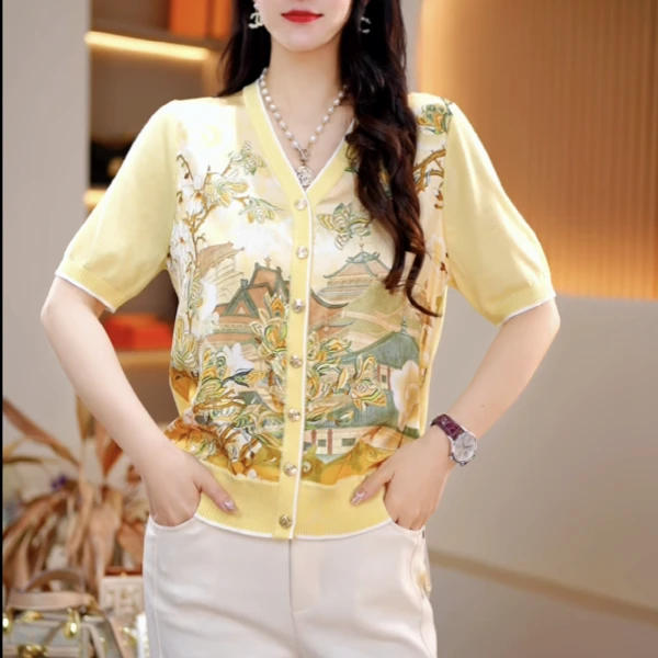 【207】季V领桑蚕丝印花休闲单排扣短袖减龄开衫通勤女士上衣-216