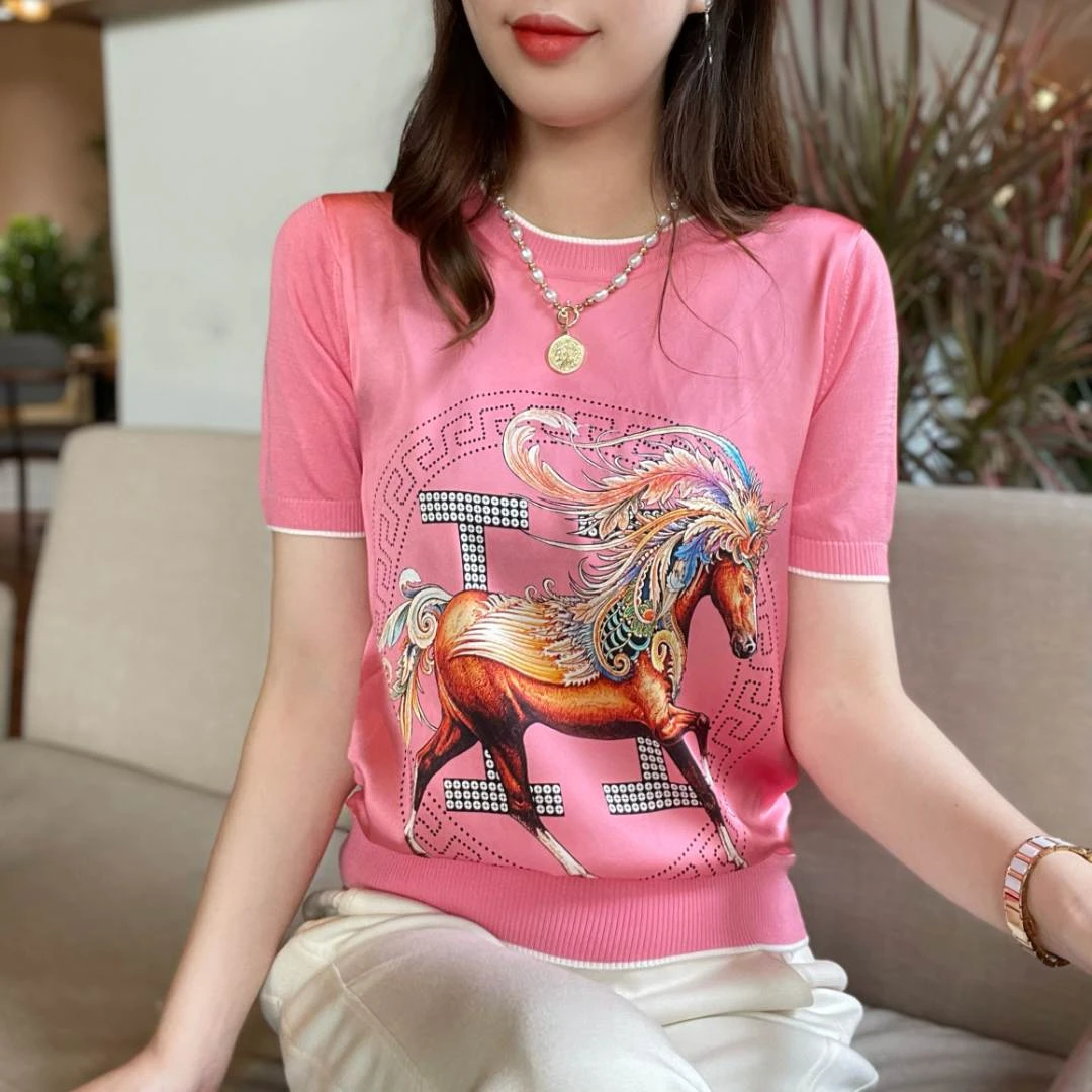 春夏新品时尚桑蚕丝印花休闲圆领通勤减龄宽松短袖女士上衣-152T