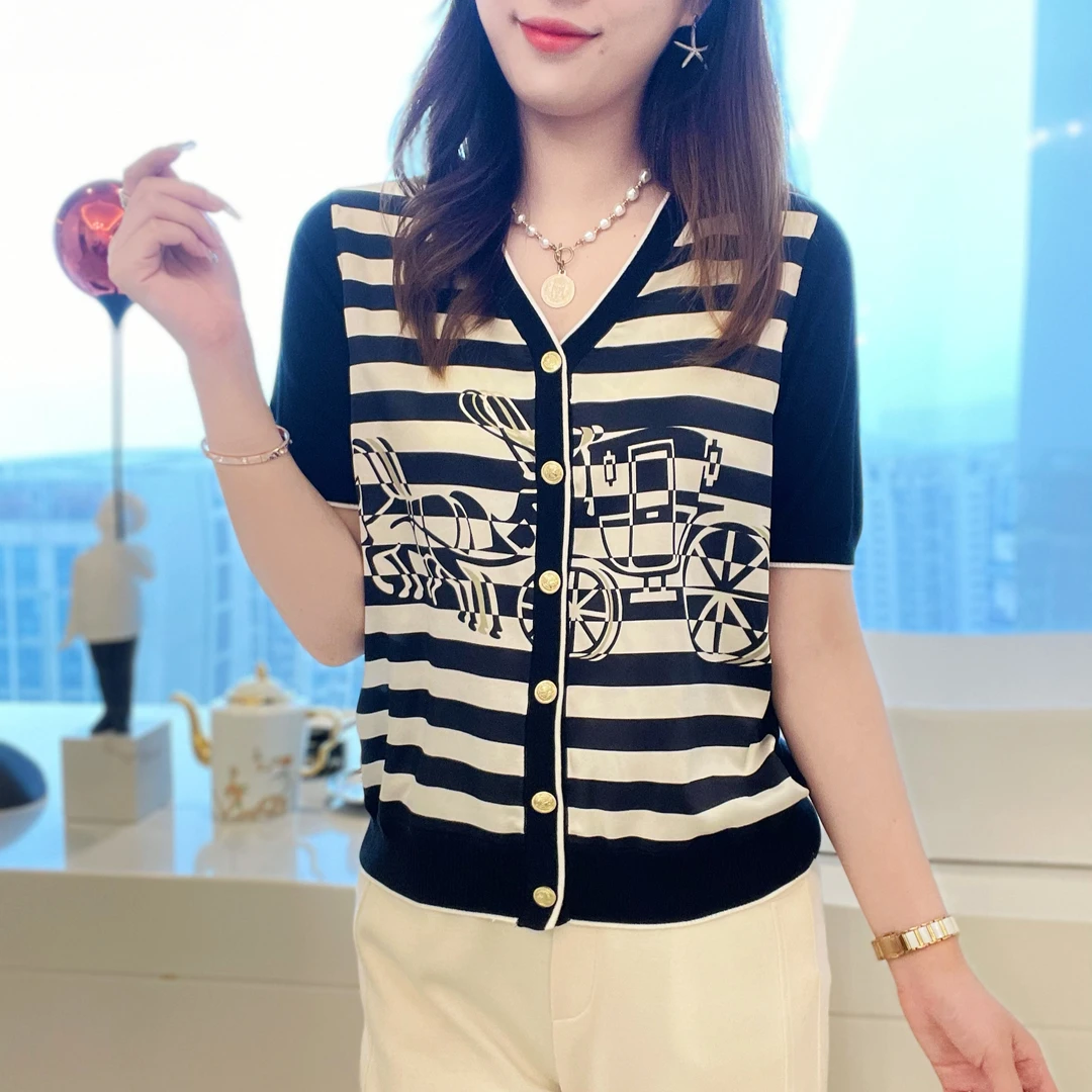 夏季休闲印花显瘦单排扣短袖开衫女士气质V领通勤时尚上衣-170T
