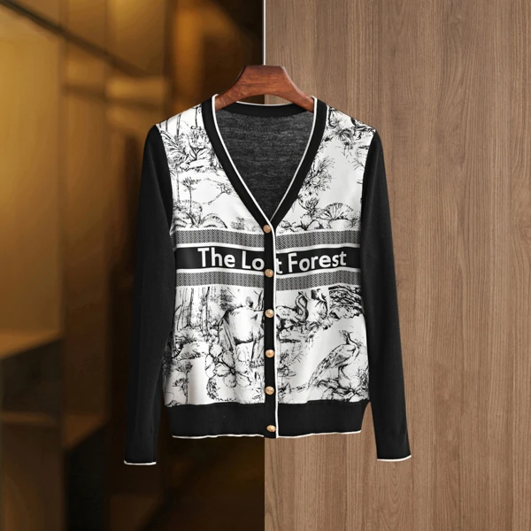 【920】秋冬新品时尚气质印花通勤女士上衣V领休闲百搭长袖开衫