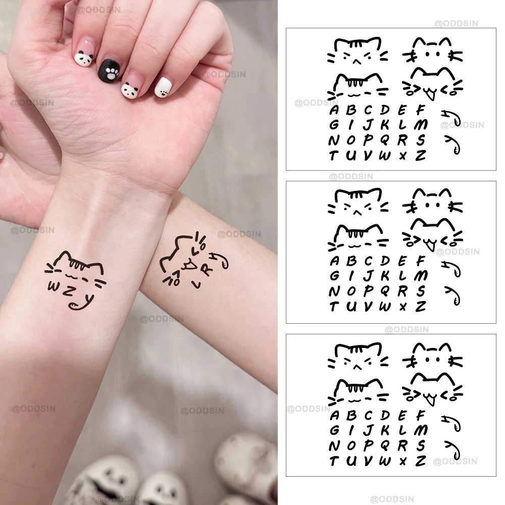 英文小猫字母贴纸情侣款男女ins风果汁手指防水持久仿真贴纸