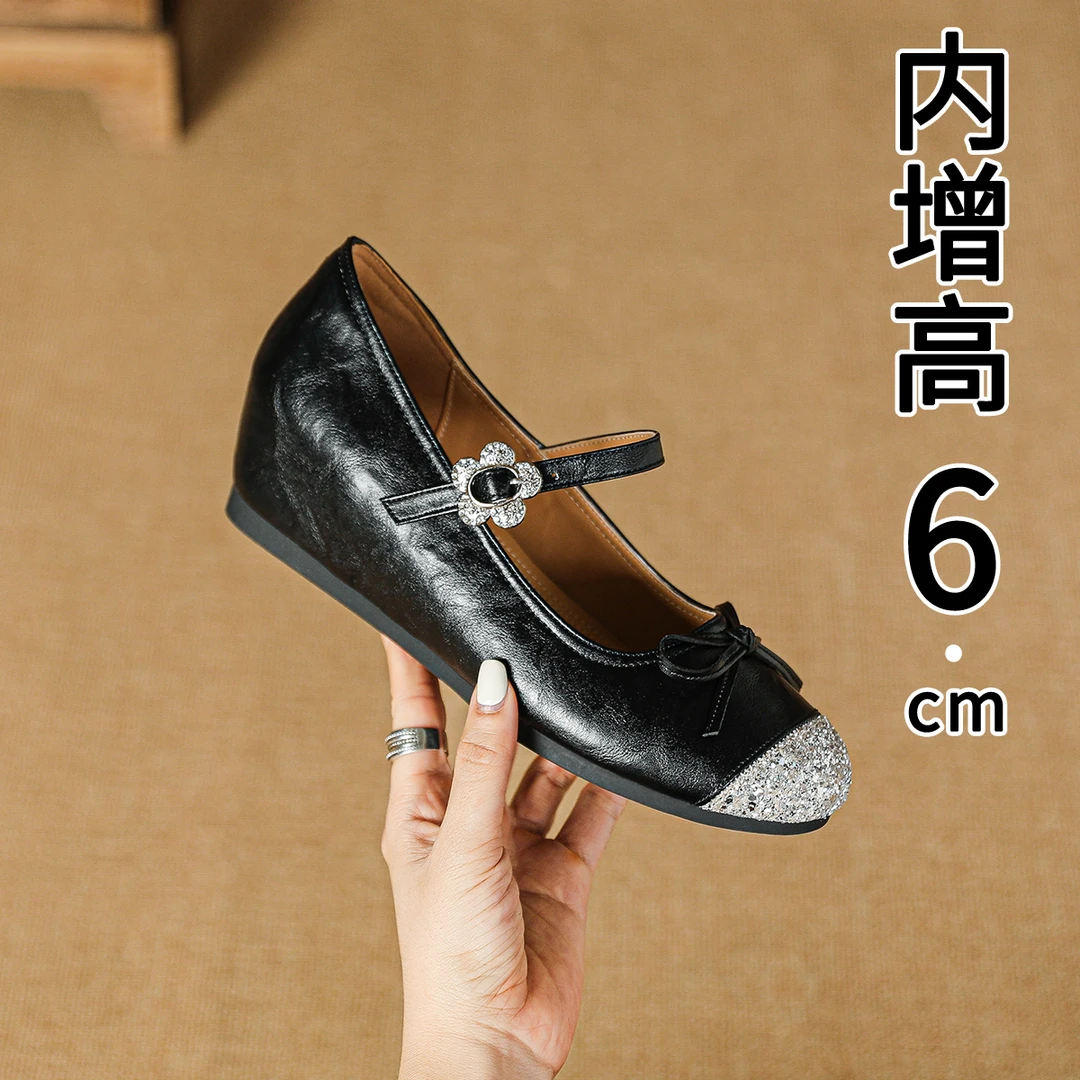 内增高单鞋女2025新款春秋季蝴蝶结小个子法式亮片玛丽珍小码3233