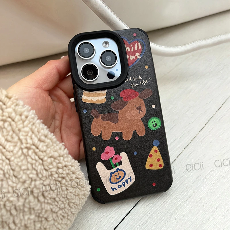 CiCii小众ins小狗黑色卡通iphone15手机壳14pro适用苹果13皮纹