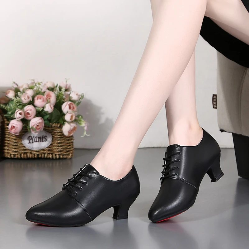 【1012牛剖层】秋冬新款真皮广场舞鞋女拉丁舞鞋交谊舞鞋黑色送袜子