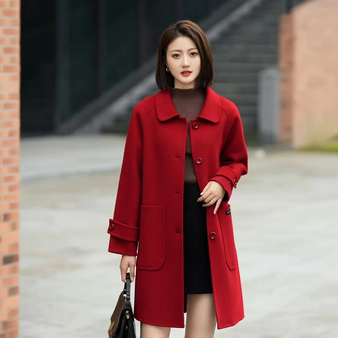 红人上新8809款双面韩版显瘦小个子中长款大衣气质洋气时尚红色