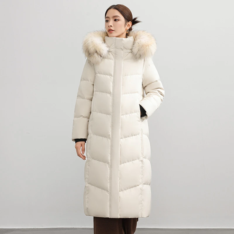 V/雅鹿中长款连帽貉子毛领百搭冬季时尚休闲女装外套羽绒服WXQ