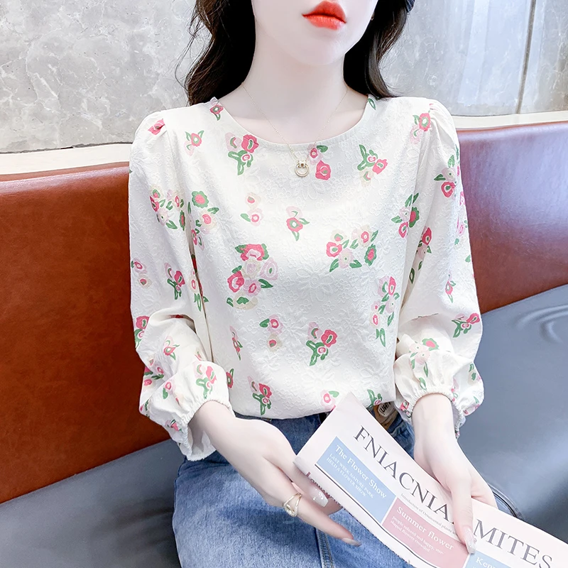 时尚长袖圆领印花t恤女秋装2024秋季新款宽松显瘦女士上衣打底衫