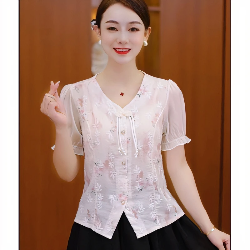 新中式国风提花雪纺衫女短袖衬衫碎花上衣短款半袖气质高级感