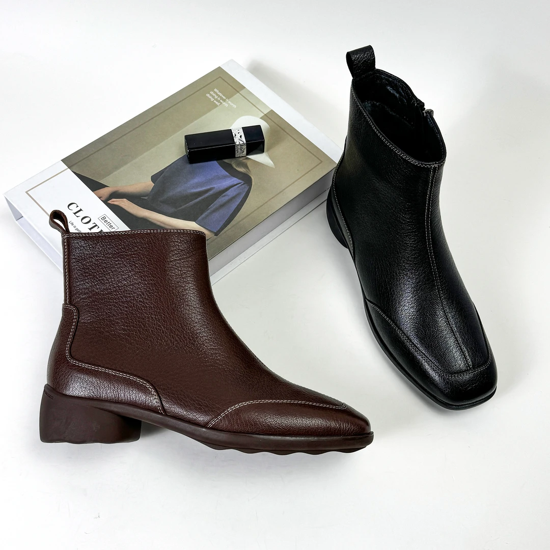 3CM低跟秋冬季新款时装靴短靴时尚休闲百搭真皮复古粗跟英伦风